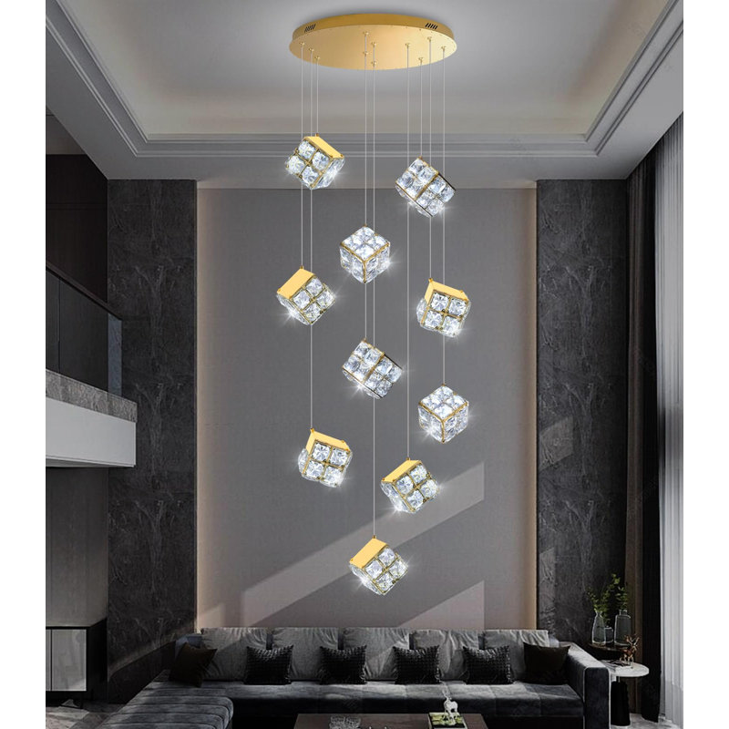 Luminaires suspendus modernes en cristal 10 lumières à intensité variable, H 118 po x l 19,7 po x P 19,7 po, Doré