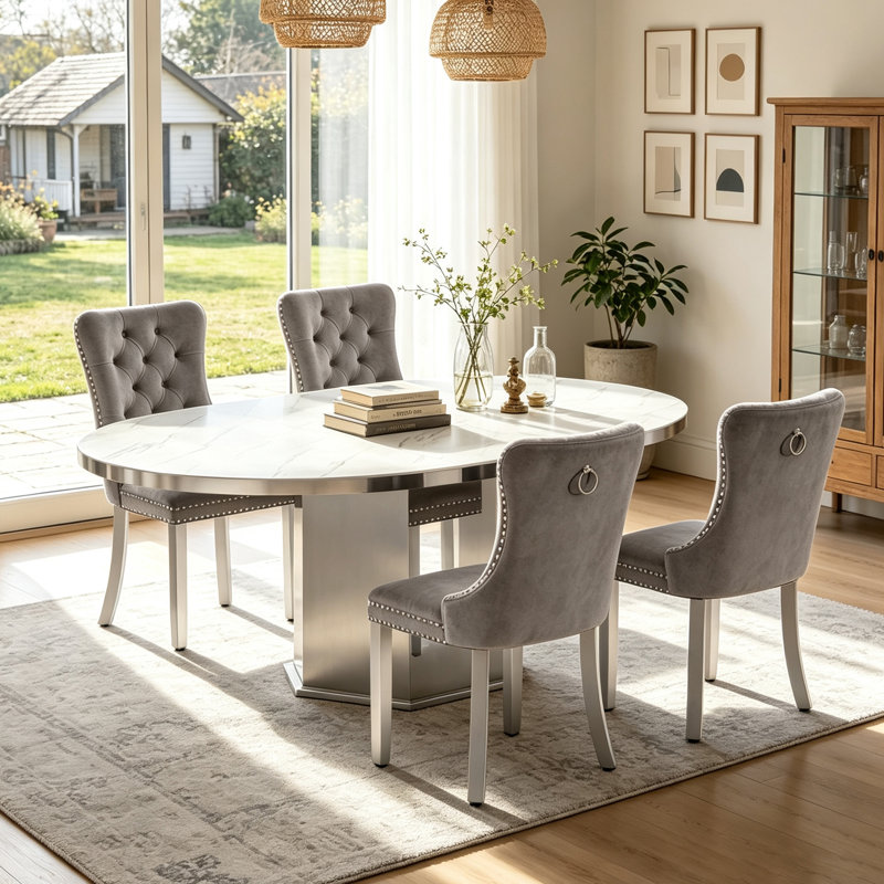 Round Faux Marble Dining Table Set, 47.24"-63" Extendable Oval Dining Table & Tufted Velvet Chairs, Modern Mirrored Kitchen Dining Room Table and Chairs Set