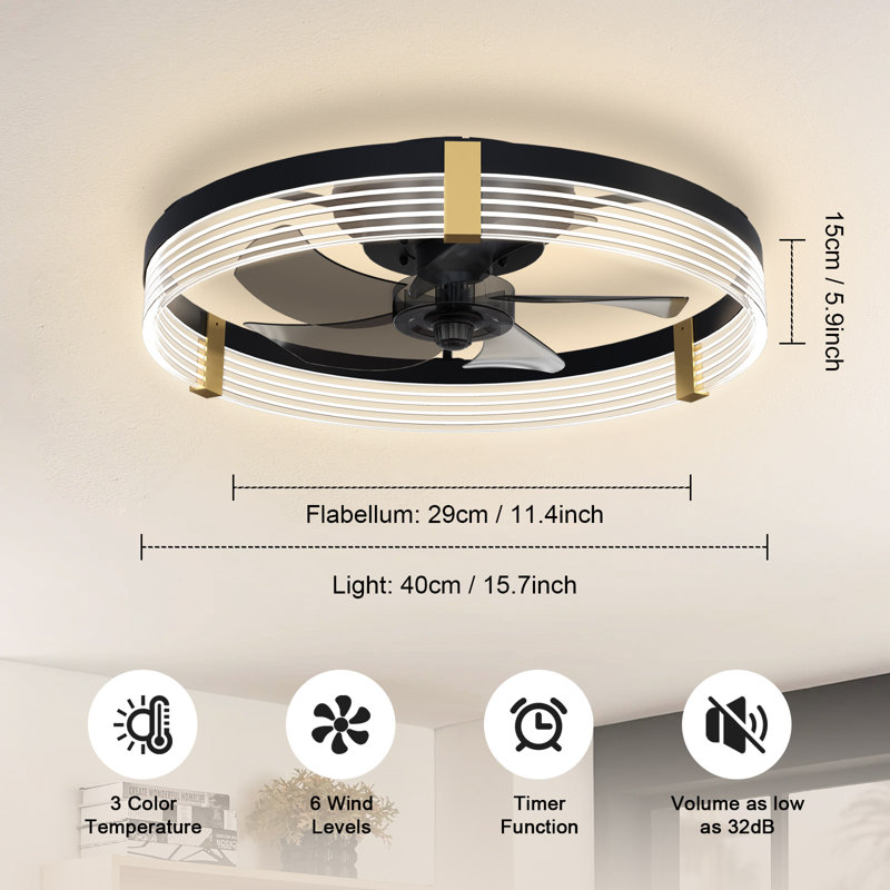 Kordae Flush Mount Dimmable Ceiling Fan with LED Lights, Black, 15.7"