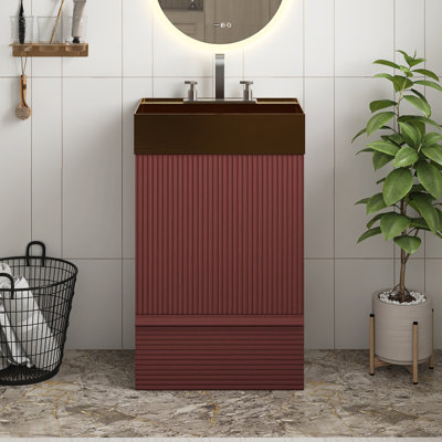 20" Freestanding  Bathroom Vanity In Red With Integrated Brushed Gold 304 Stainless Steel Sink Top