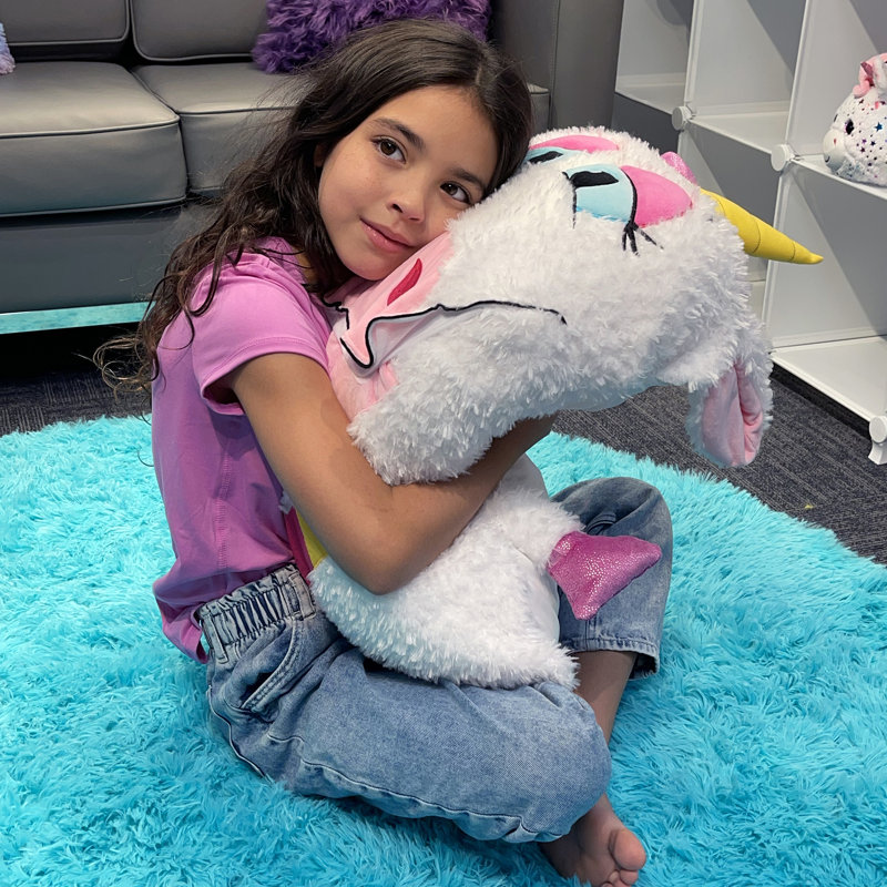 Shamzees: licorne - blanc et mauve - housse de coussin moelleuse, coussin pour enfant mangeant un ami, caractère magique et ajustable, convient à une taille standard, lavable à la machine