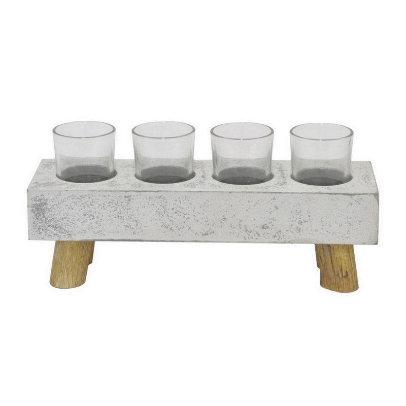 Vase d'appoint Cabo avec 4 pots en verre, pieds en bois, céramique grise 15 pouces