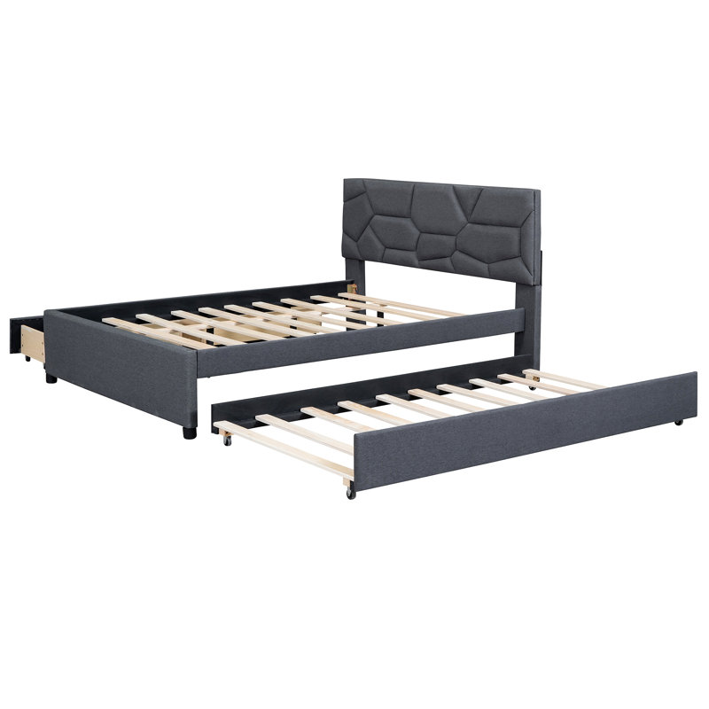 Upholstered Platform Bed With Brick Pattern Headboard With Trundle And 2 Drawers Linen Fabric, Grey