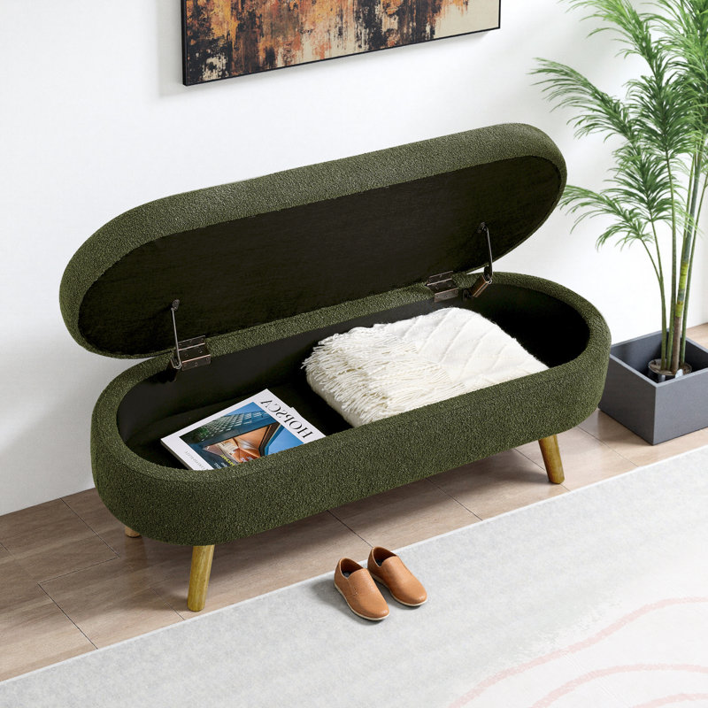 Storage Ottoman Bench For Bedroom End Of Bed, Sherpa Upholstered Shoe Seat Storage Beach For Entryway, Green
