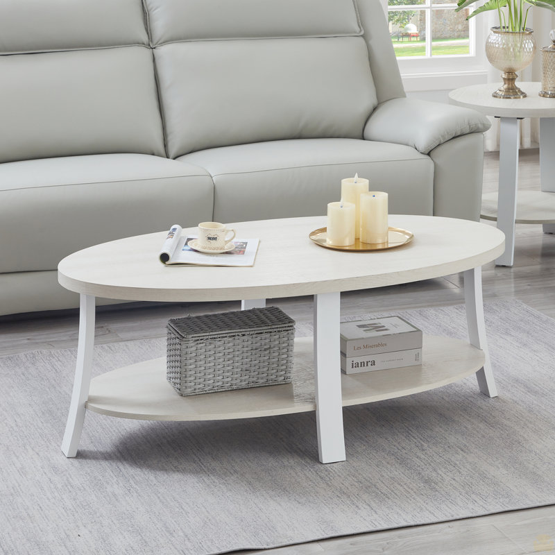 Table basse ovale à tablette en bois, Blanc