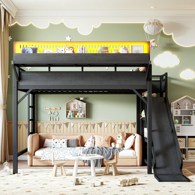 Lit mezzanine en métal Queen Size avec glissade, étagères de rangement, armoire, panneau perforé, ports USB et éclairage DEL, noir