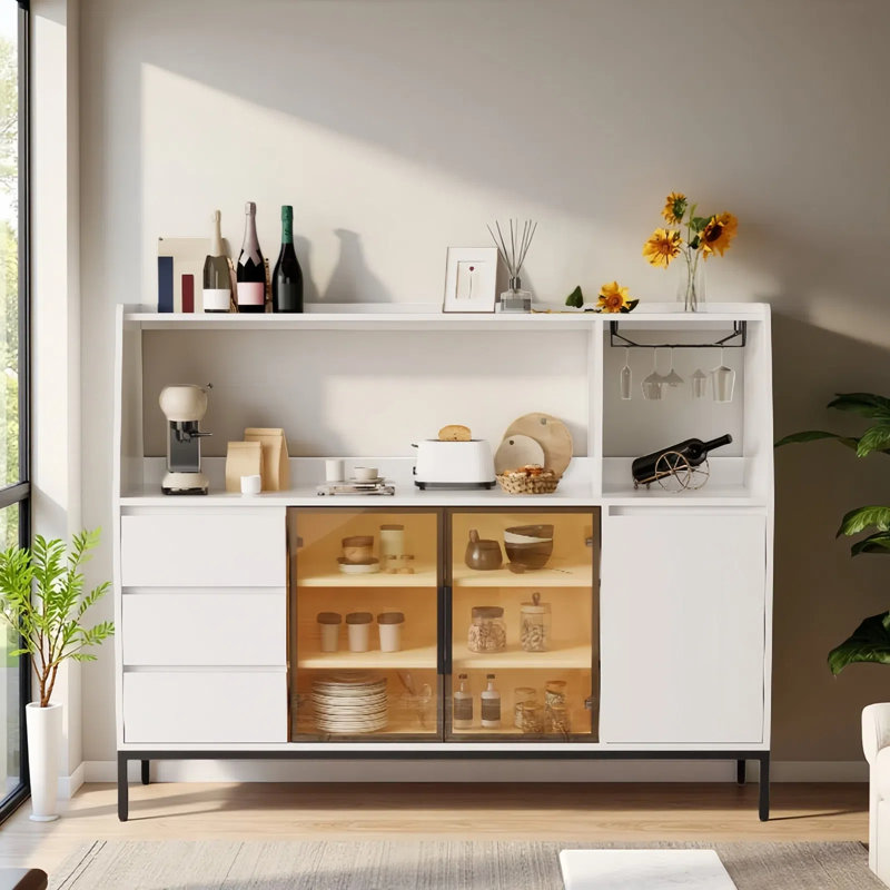 Modern Bar Cabinet With 3 Drawers And Glass Door Locker, Side Cabinet Can Store Wine Glasses
