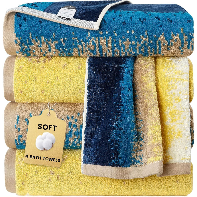 Bath Towel 55x28 Inch 100% Cotton, 4-Pack Extra Large Absorbent & Quick-Dry Towels, Soft for Shower, Pool, Beach and Guest Bathroom, Pattern Beach