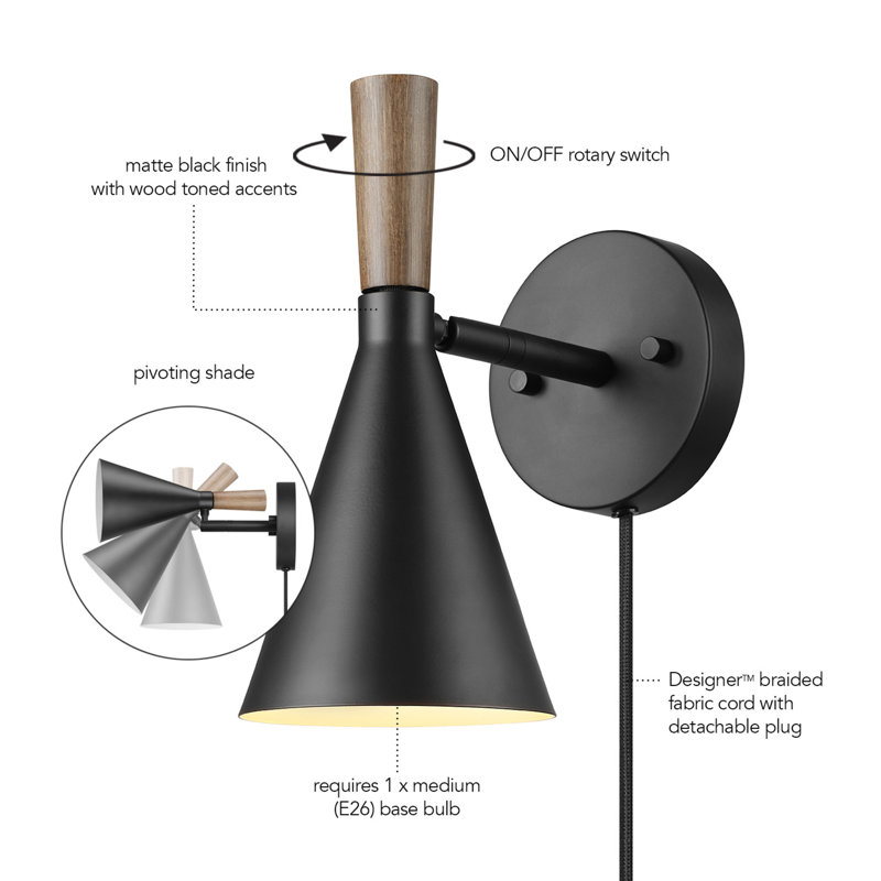 George Oliver 1-Light Black Plug-In Or Hardwire Wall Sconce With Wood ...