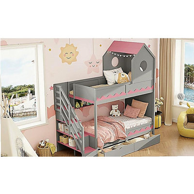 Twin Over Twin Bunk Bed with House-Shaped Roof and Storage Stairs, Wooden House Bed Frame with 2 Under-bed Drawers,Shelves,LED,White
