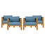 Ensemble de conversation d'extérieur 2 pièces avec chaises en bois d'acacia, finition teck, coussins bleus résistants à l'eau, table de bout