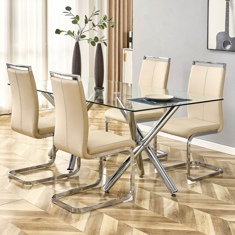 Chaise de salle à manger, chaise d'appoint rembourrée à haut dossier en cuir de polyuréthane avec pieds en métal en forme de C
