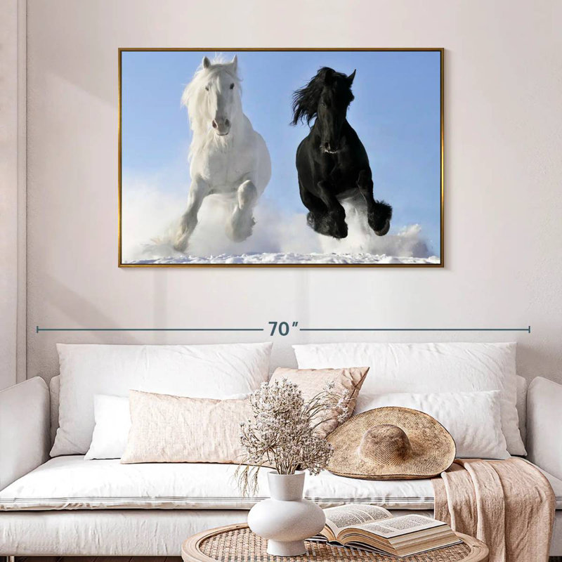 Chevaux frison d'hiver, 46 po x 31 po, Cadre flottant doré