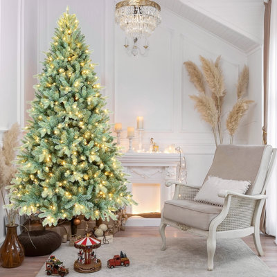 Arbre de Noël 6 pi en PE / PVC avec 350 lumières DEL blanc chaud - 1390 pointes, conception à branches articulées, support naturel, support en métal, décoration de Noël facile à assembler