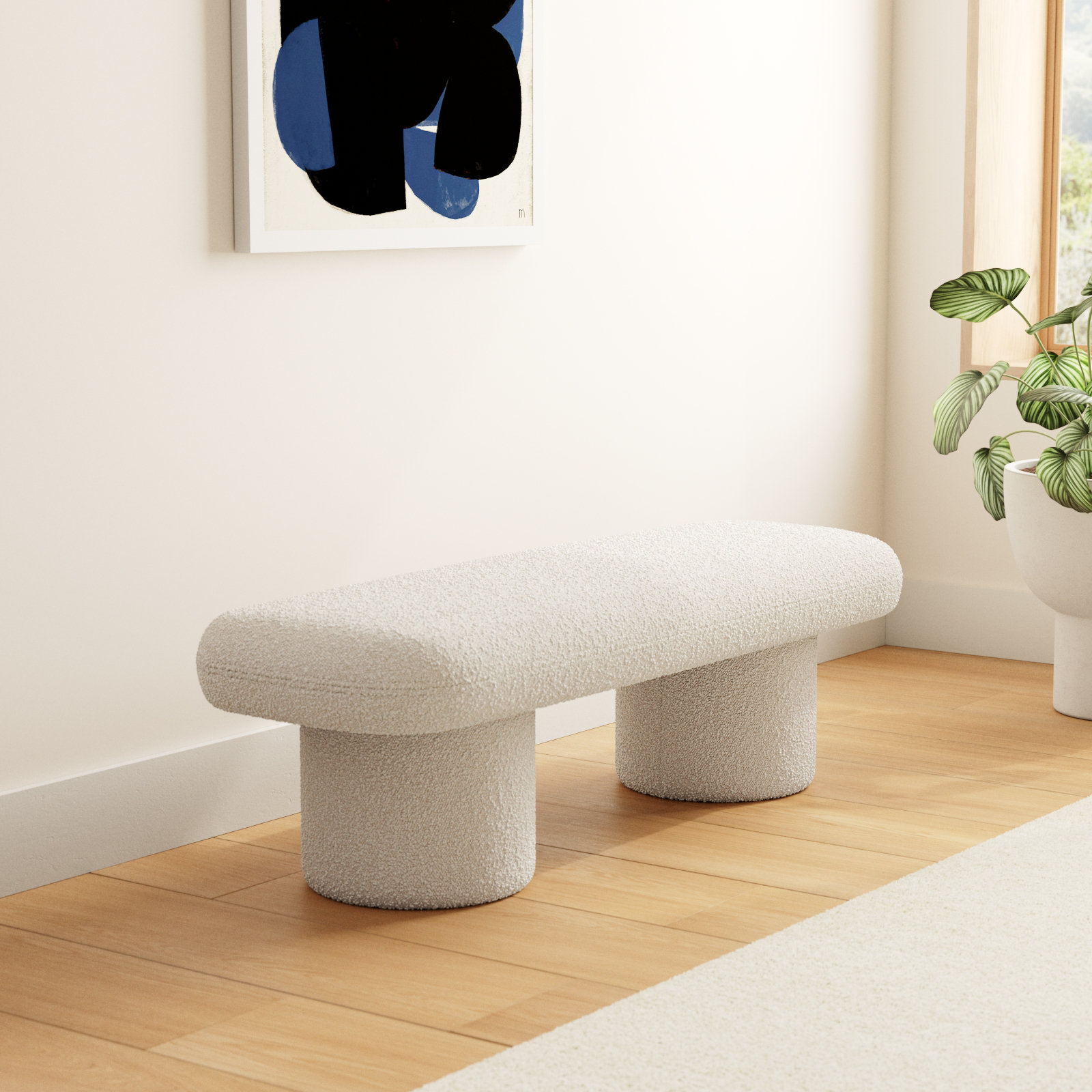 Anston 56" Boucle Bench, Ivory White Boucle
