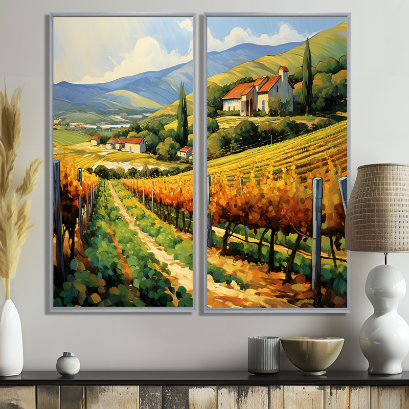 «Vangogh Sunlit Vineyard II» - art mural traditionnel jaune 2 panneaux, 40" H x 40" W, Impression encadrée flottante, Silver