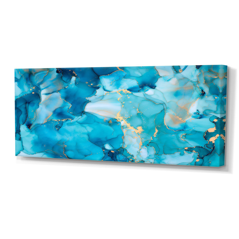 «Turquoise Luxury Abstract Fluid Art I», reproduction d'art sur toile moderne, H 28 po x l 60 po x P 1,5 po, Toile tendue
