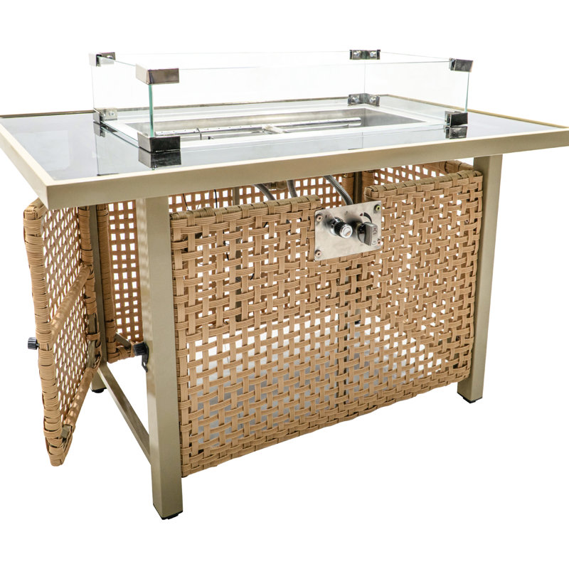 43" Propane Gas Fire Pit Table With Glass Wind Guard, 60000 , Rectangular Open Weave For Patio Deck Garden Backyard - Orange & Mustard Yellow Outdoor Table, , Guard Tinge