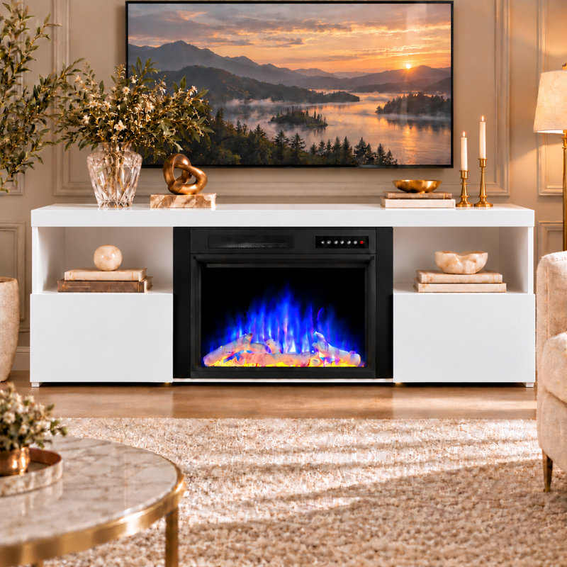 Meuble télé moderne pour téléviseur de 65 po ou moins, foyer électrique, 5 100 BTU, flamme DEL multicolore, télécommande et minuterie