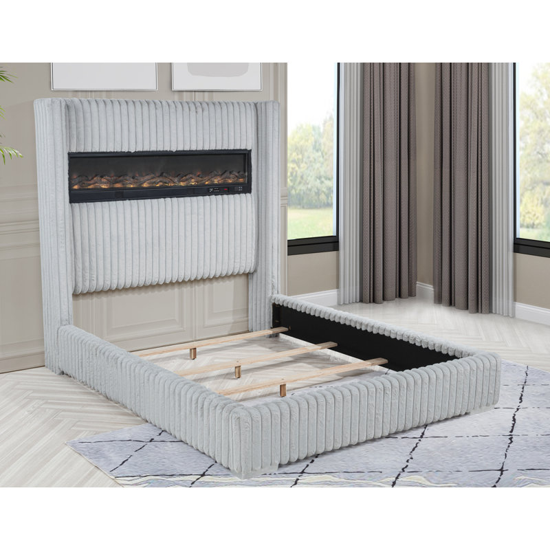 Upholstered Deluxe Fireplace High Headboard Bed, King, Gray