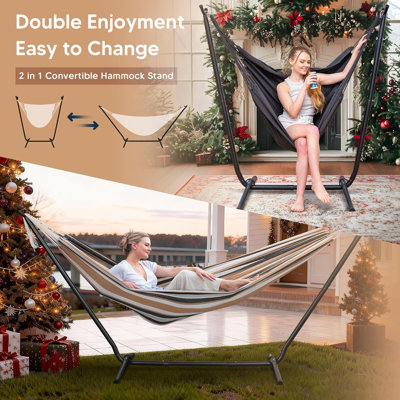 2-In-1 Convertible Double Hammocks 2 Person Heavy Duty, Large Patio Hammock With Space Saving Stand, Patented, Coffee Stripe