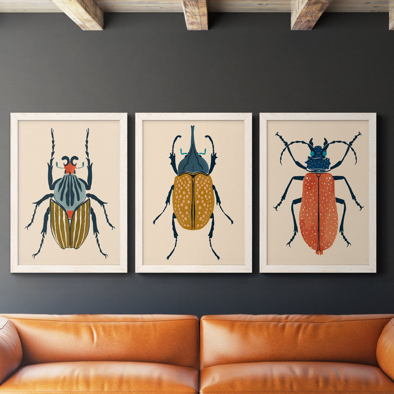 Beetle Bug I - ensemble de 3 peintures sur toile encadrées, H 31,5 po x l 47 po x P 1,5 po, Blanc