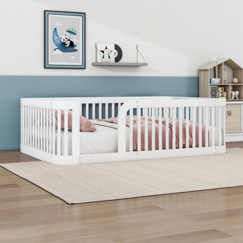 Full Wooden Floor Bed With Guardrails, White