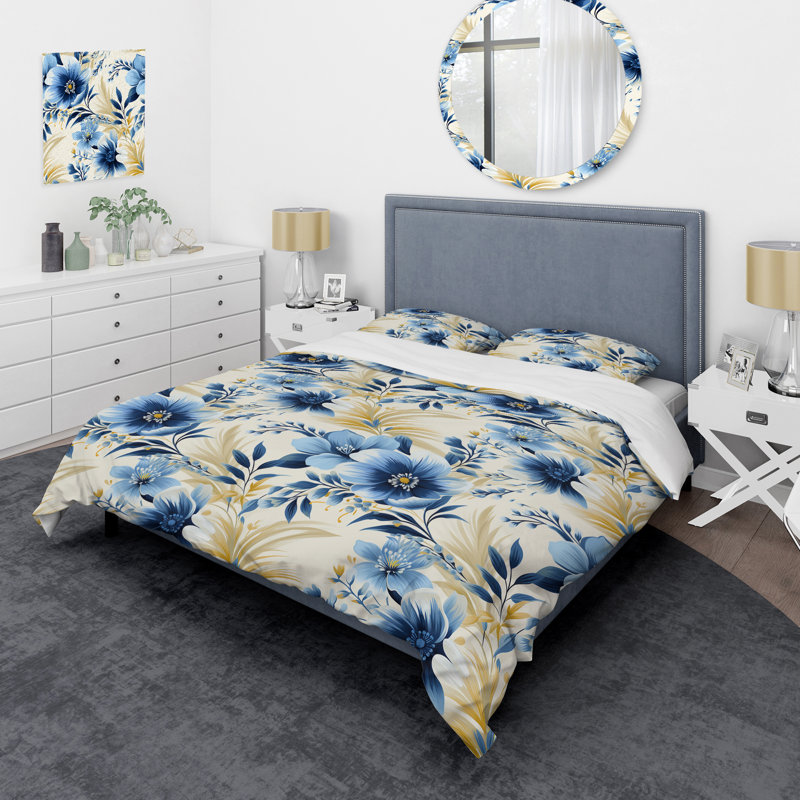 Ensemble de housse de couette Blue and White Flowers Retreat III, Housse de couette simple + 1 taie décorative stan