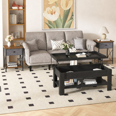 3-Piece Living Room Table Set With Black Lift Top Coffee Table & 2 End Tables, Coffee Table Set With Hidden Storage Shelf, Fabric Drawer Side Tables, Modern Farmhouse Sofa Table Set For Living Room, Bedroom, Apartment
