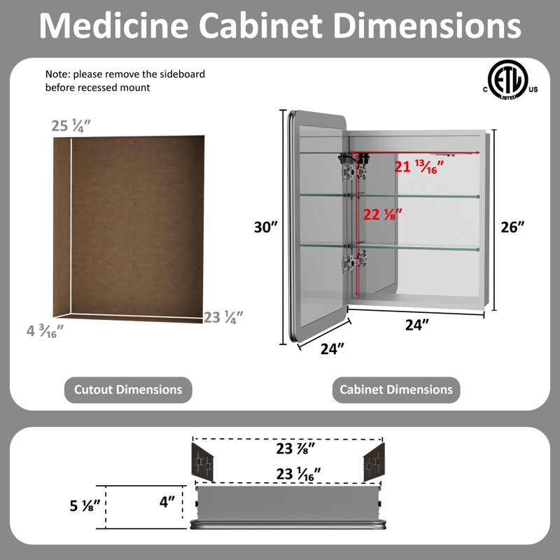 Horatius 24'' W x 30'' H LED Medicine Cabinet with Mirror, Extra-Large Storage Space, Dimmable Lighting, Defogger, Adjustable Shelves, Rounded Edge, Recessed or Surface Mount, Frameless Design