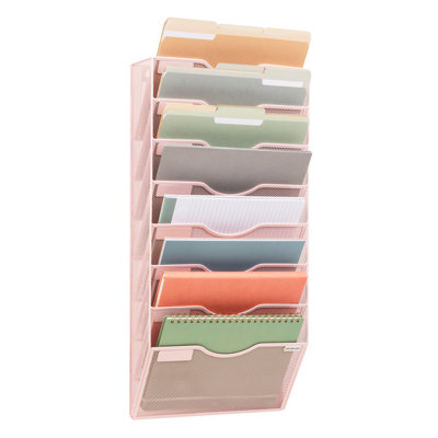  Wall File Organizer, 8 Pocket Hanging Document Rack, Office Wall Mount, Metal Mesh, Pink