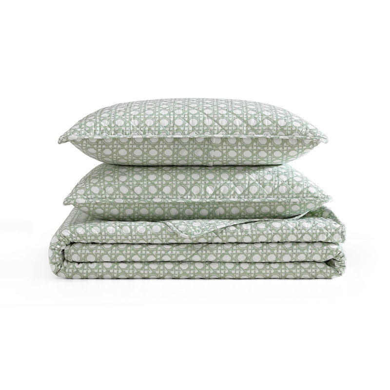 Tommy Bahama Aubrey Cotton Reversible Quilt Set, King Quilt + 2 King Pillow Shams, Green Geometric