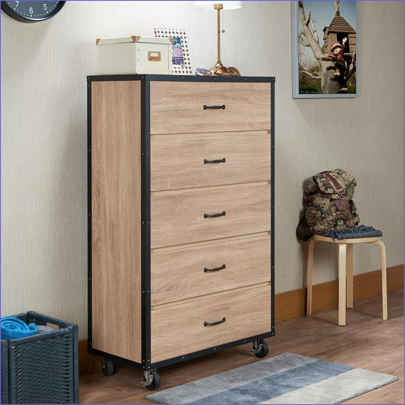 Commodes et amp; Armoires, commode industrielle à 5 tiroirs avec roulettes, chêne clair vieilli | Chêne clair | Bois aggloméré, bois synthétique