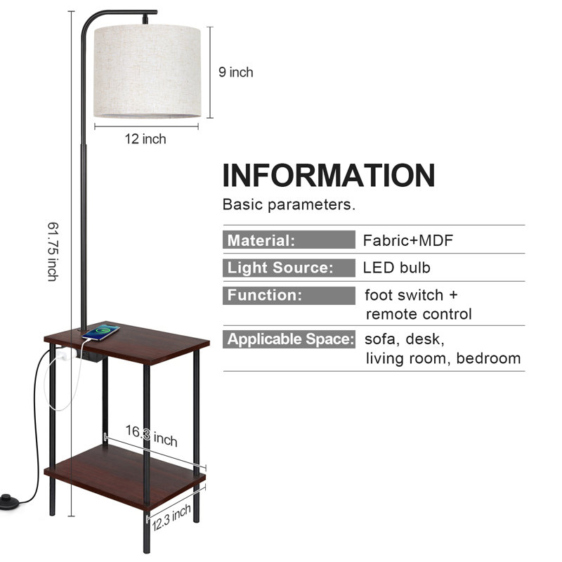 Zulfa 62" Dimmable Table Floor Lamp with USB & Type-C Port, End Table with Lamp for Living Room