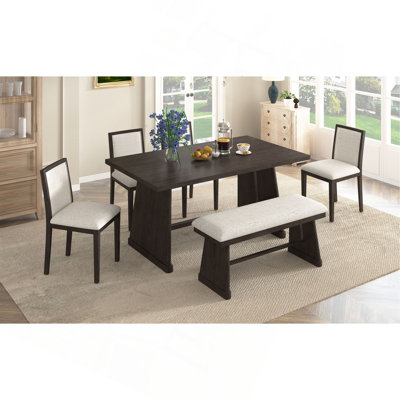 Ensemble de table de salle à manger rustique treillis Trexm 6 pièces au design brossé, table de salle à manger rectangulaire avec pieds trapézoïdaux, 4 chaises rembourrées en lin et 1 banc rembourré pour la salle à manger et la cuisine