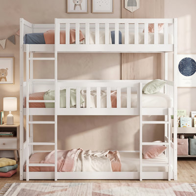 Lit superposé détachable simple au-dessus de simple au-dessus de simple en bois d'hévéa avec échelle et garde-corps pleine longueur pour enfants