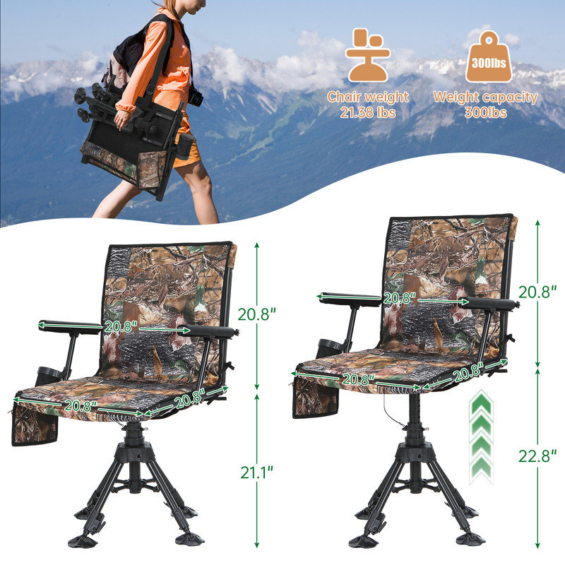 Portable 360° Heated Swivel Hunting Stool with Silent Spin, Adjustable Height, Armrests & Carry Strap, Camo - Heated