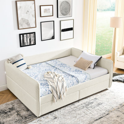 Grand lit, lit tapissier, lit gigogne, 2 tiroirs de rangement, tissu bouclé beige, motif à rayures verticales, mousse douce pour plus de confort, rangement facile pour le flux de travail, matériau, conception à l'arrière, confortable