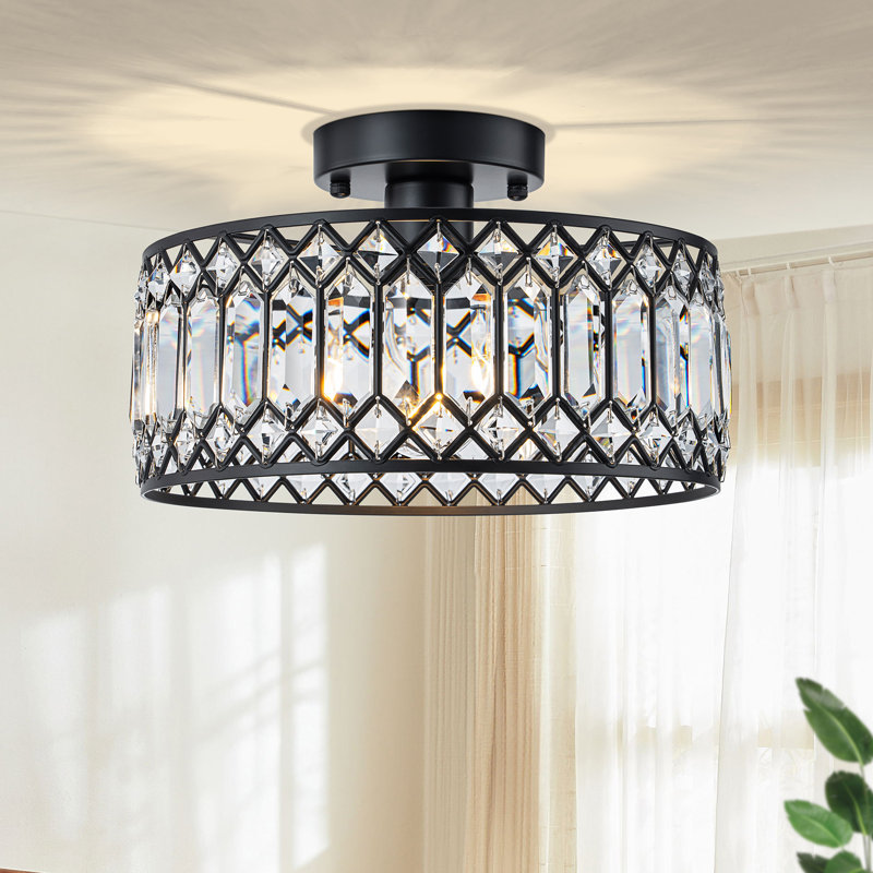 Luxury Crystal Drum Semi Flush Mount Light, 9" Width, Black