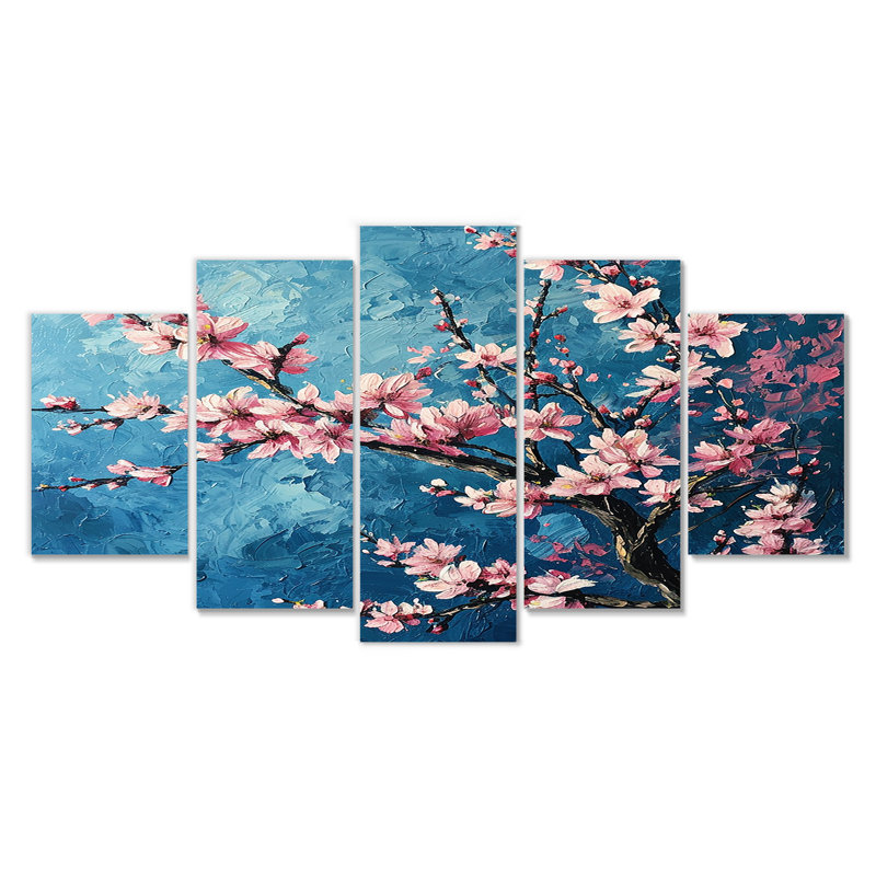 Fleur de cerisier rose sur fond de ciel bleu peint - art mural fleur de cerisier 5 pièces