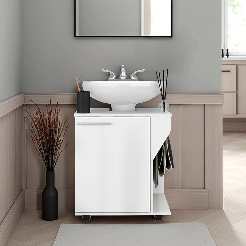 Rangement sous l'évier: H 24,4 po, 1 porte, 2 tablettes, 4 pieds, - Salle de bain, Blanc
