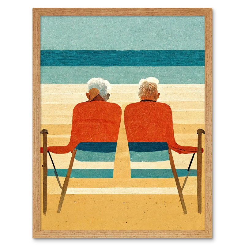 Elderly Couple Retired Beach Seaside - Print, 43cm H x 33cm W x 2cm D, Light Brown Framed Unframed