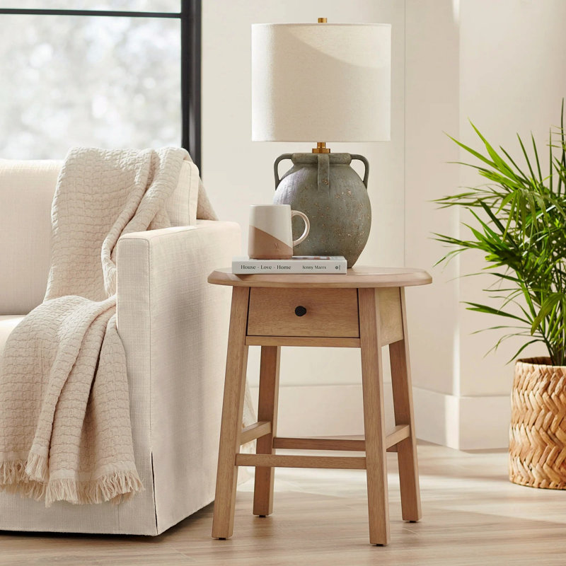 Mid-Century Modern Round Side Table – Natural Wood 1-Drawer Storage Accent Table