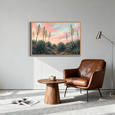 «Green Agave Plants» avec de grandes fleurs blanches au coucher du soleil, art mural