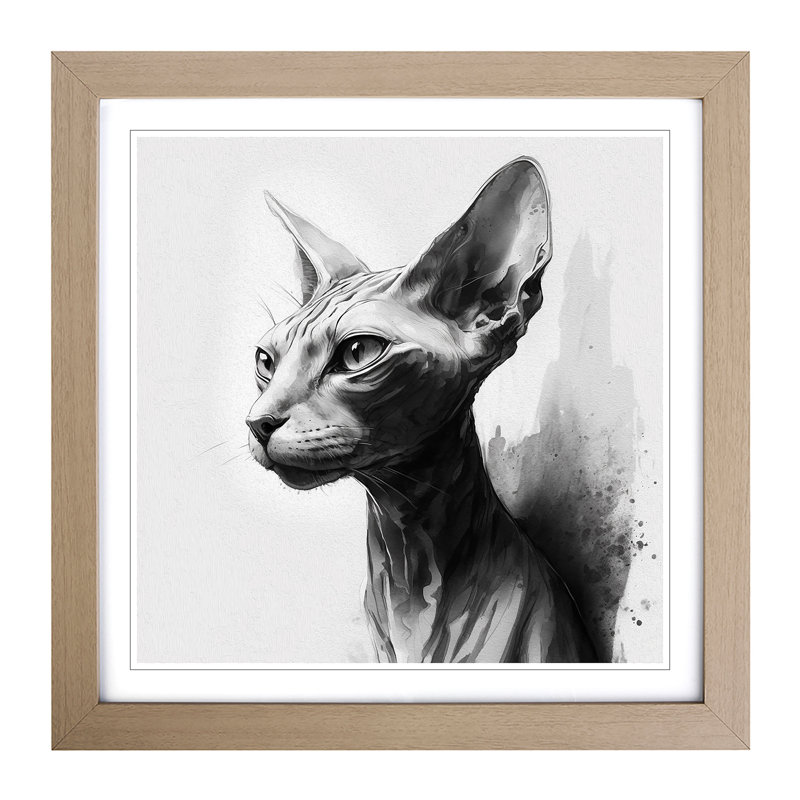 Sphynx Cat Ink Wash - Framed Print, Oak