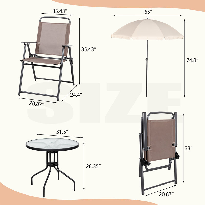 Ensemble repas d'extérieur pour 4 personnes avec chaises pliantes et parasol Ashlene, Brun