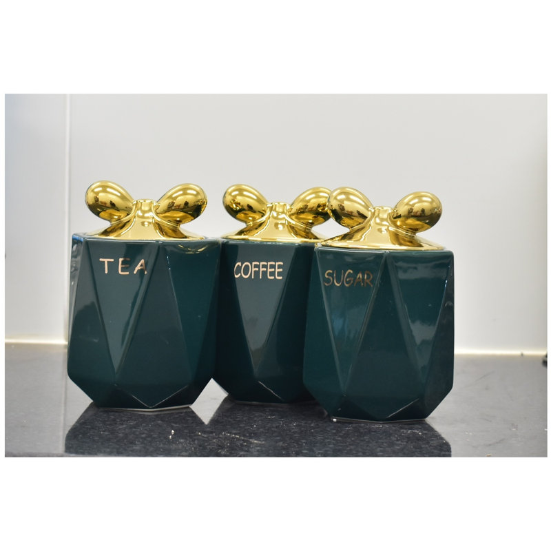 Ceramic / Porcelain Jar - Set of 3, Green/Gold