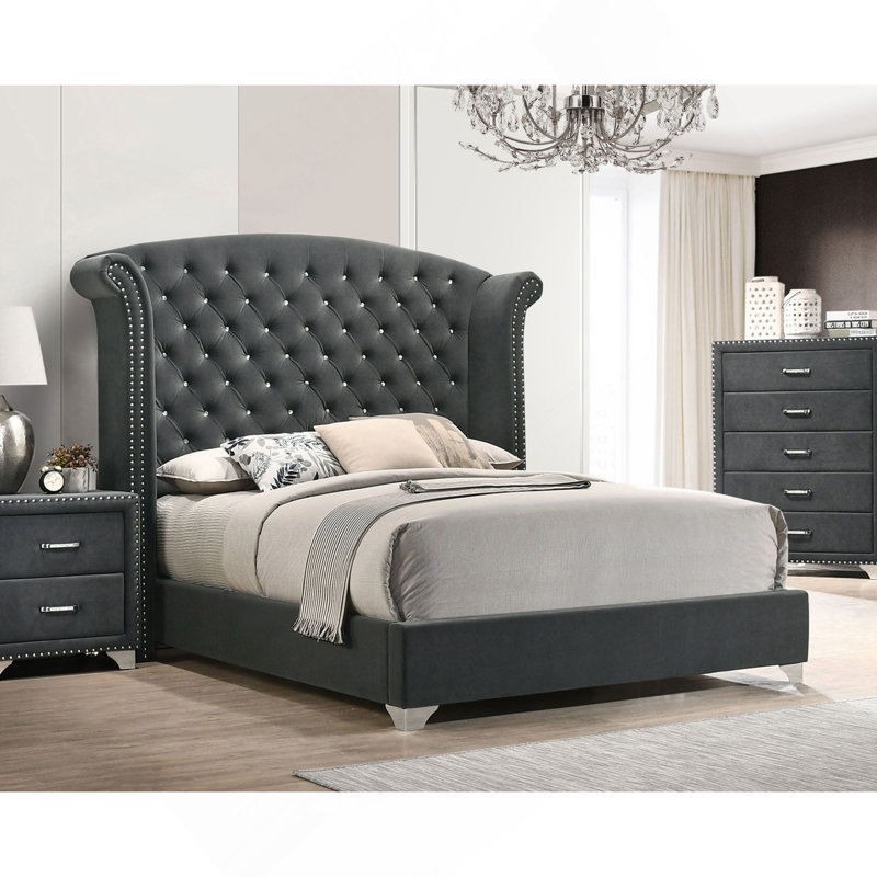 Chantel Grey Upholstered Wingback Eastern King Bed, Gray, King