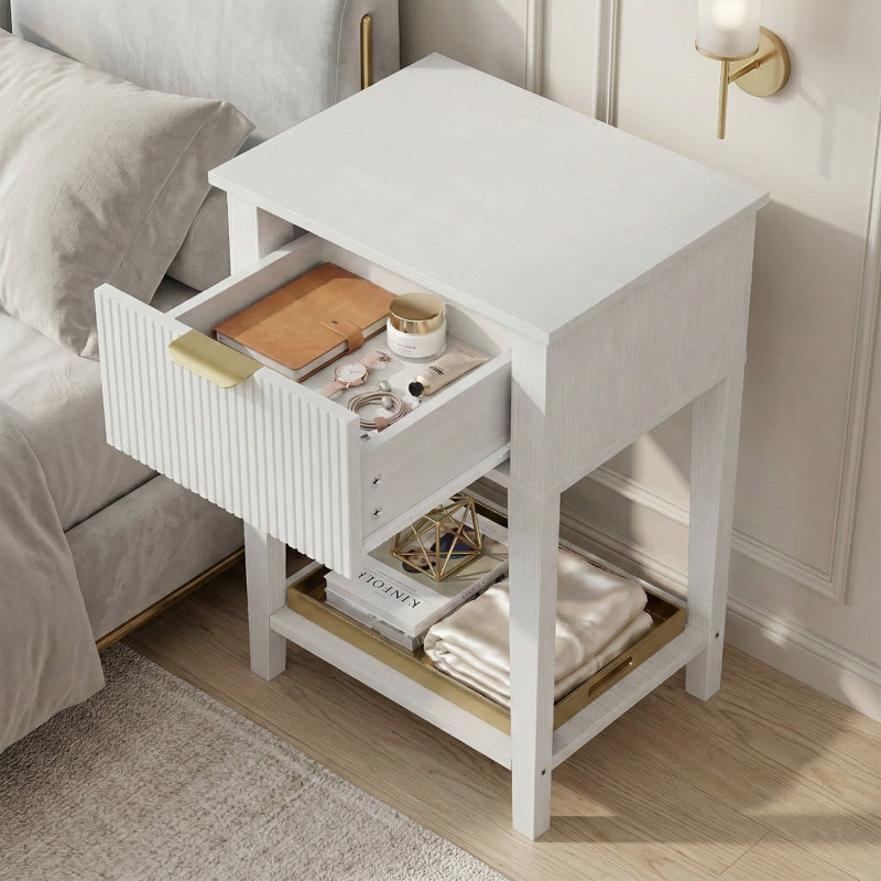 Modern Minimalist End Table With Open Storage Shelf, Warm White