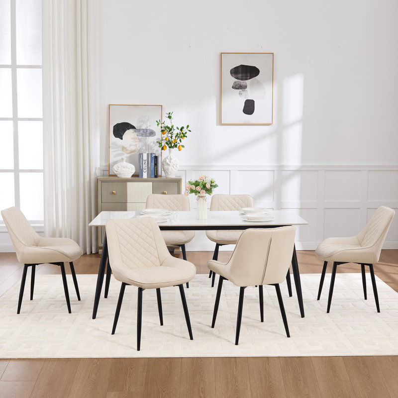 Faux Leather Upholstered Metal Dining Chair, 6, Beige